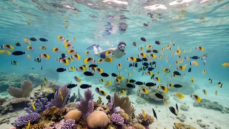 A small group of snorkelers drifting alongside blacktip reef sharks in the shallow turquoise lagoon of Moorea, French Polynesia